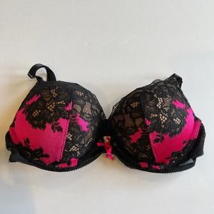 Victoria's Secret Bombshell Plunge Bra Pink Black Lace Seduction Holiday - 34B